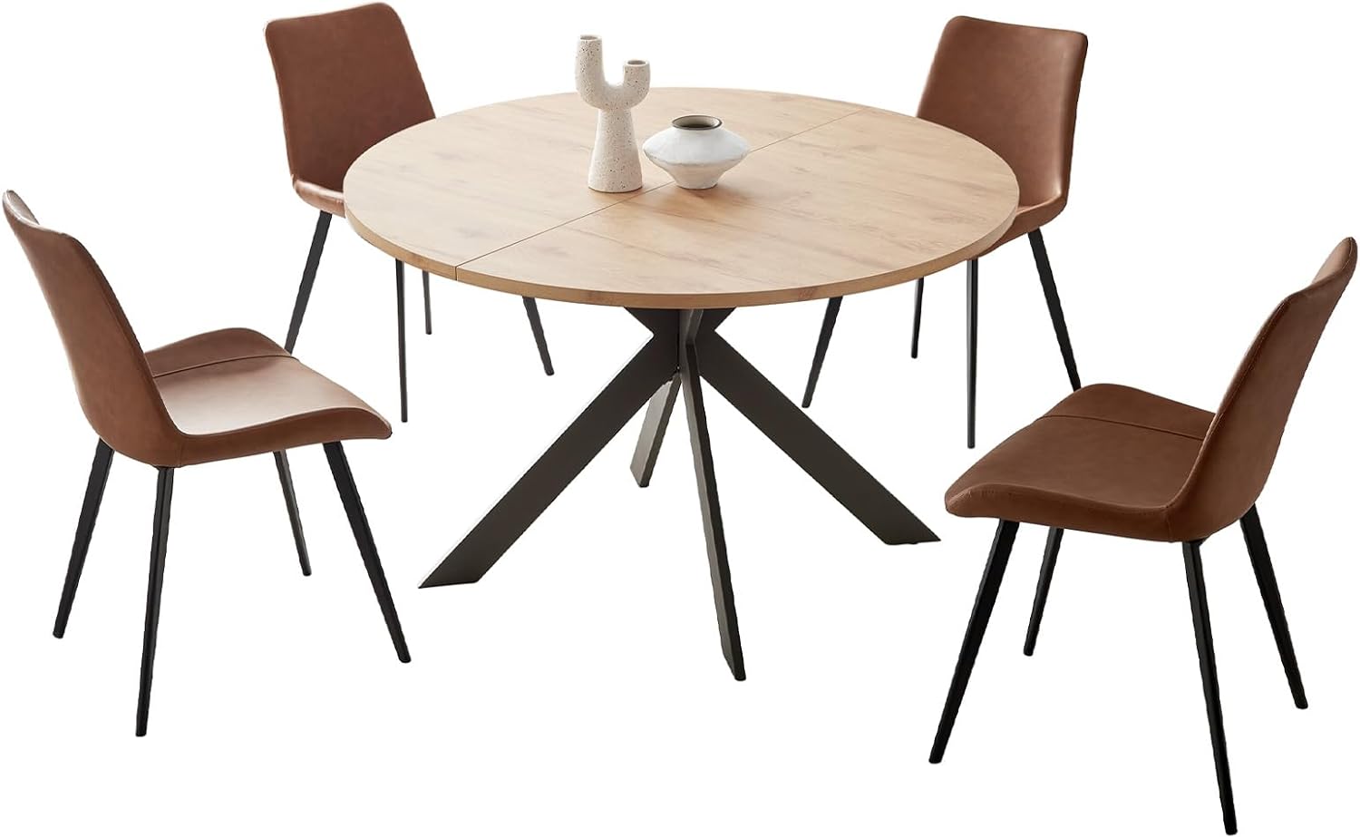 46.4 Round Dining Table Set, Mid Century Modern Round Dining Table for 4-6 Person, w/Steel Legs, Coffee Table for Kitchen Dining Room, Office, Save Space (1 Table with 4 Brown Chairs)