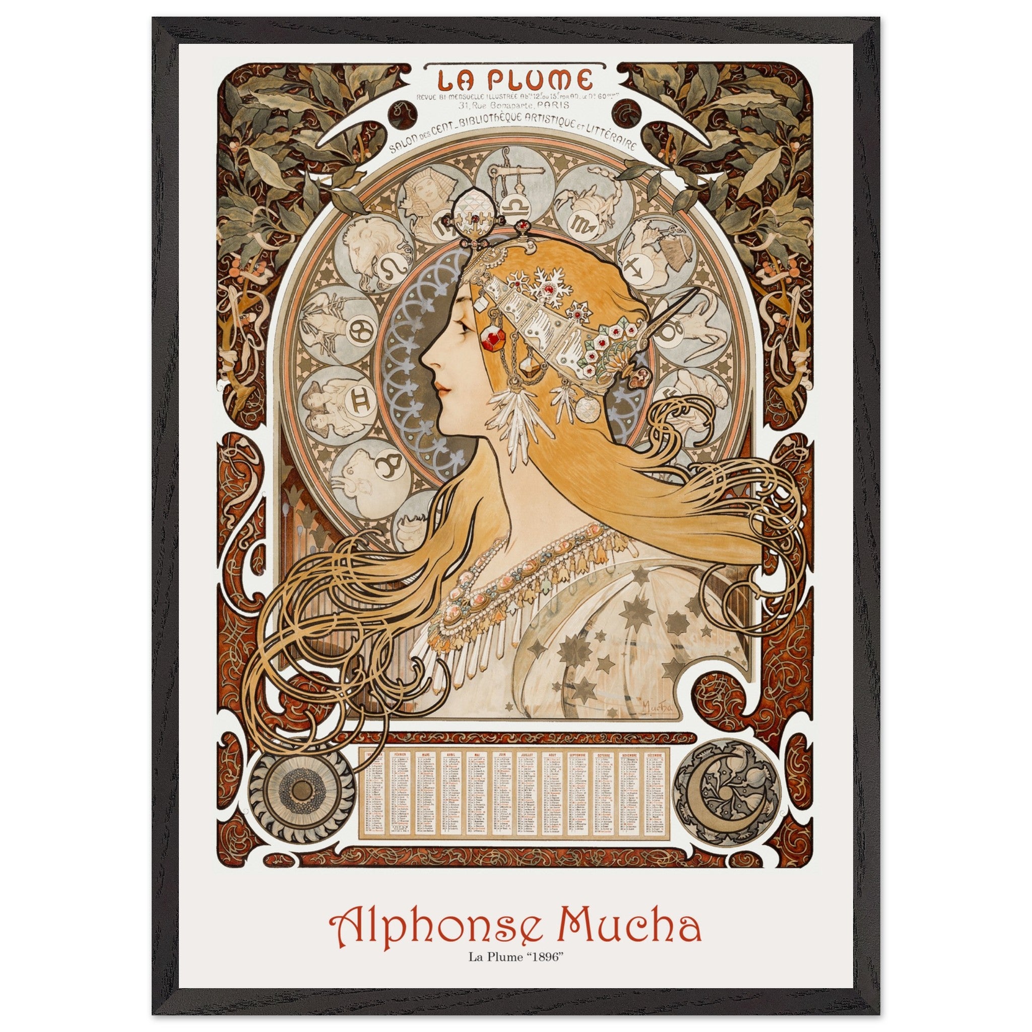 Artfulprints Poster met Lijst Alphonse Mucha - La plume  - 50x70 cm - Bruin
