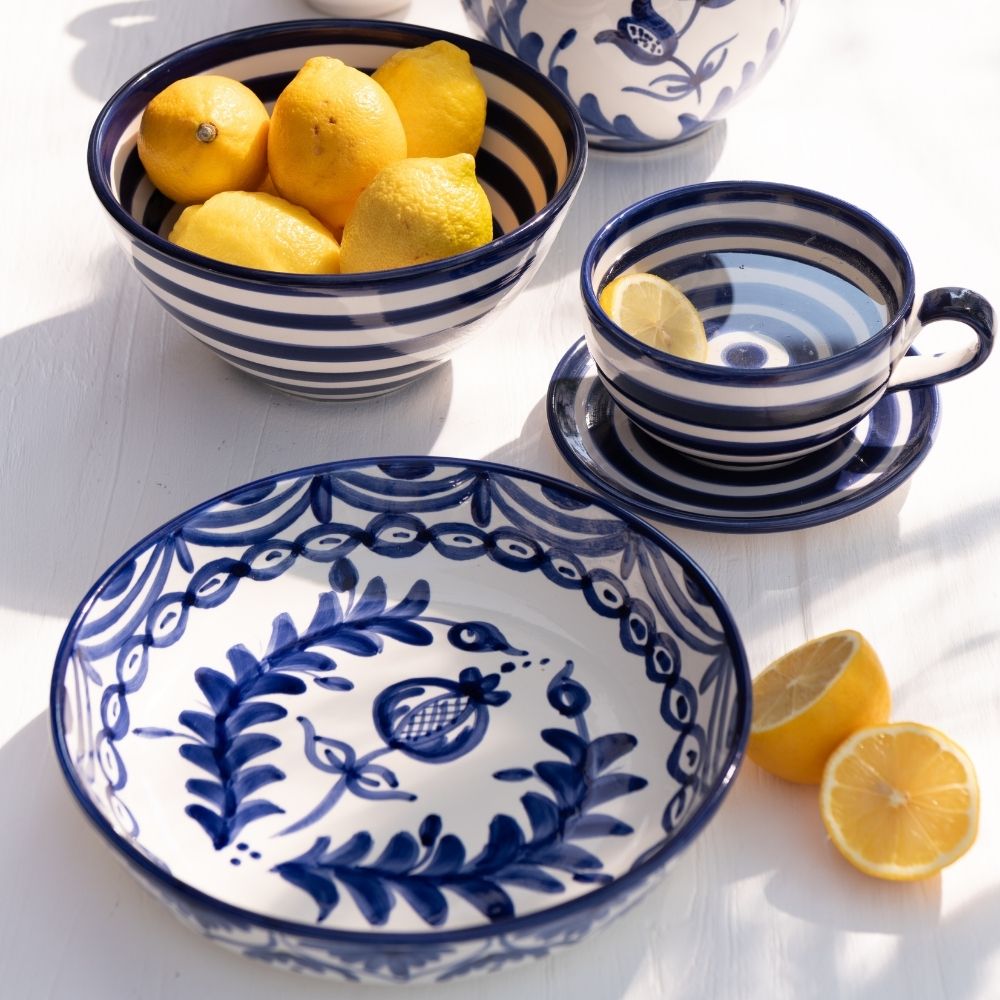 J-Line schaal Granada Low - keramiek - wit/blauw - large - Ø 25 cm