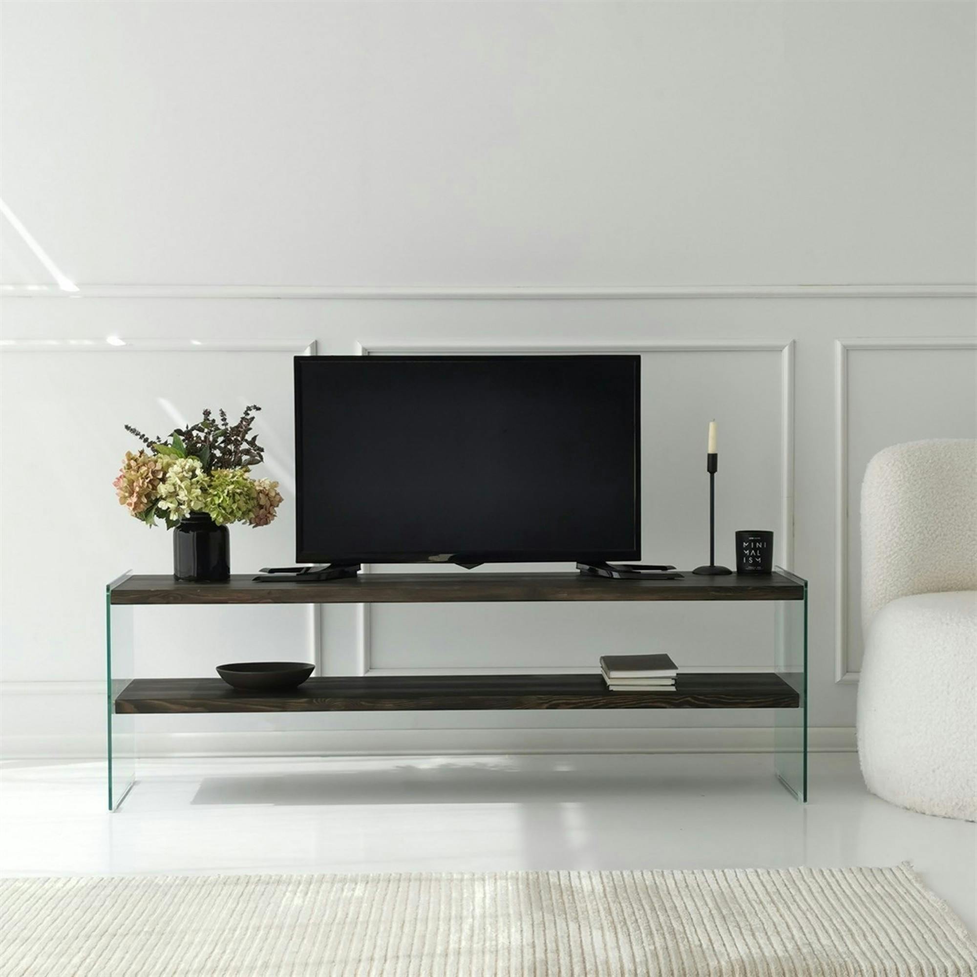 Banc TV bois anthracite et verre - 2 niveaux, 140 cm LHASA