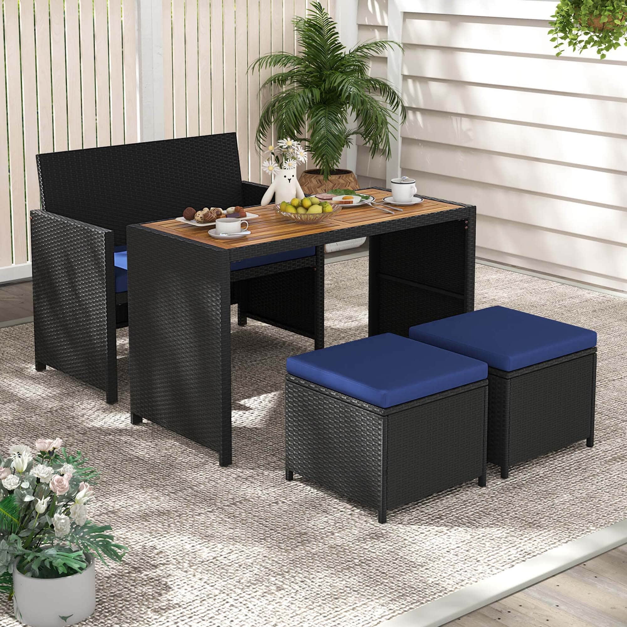 Costway 4 PCS Outdoor Dining Set, Rattan Loveseat Chair & 2 Ottomans - See Details