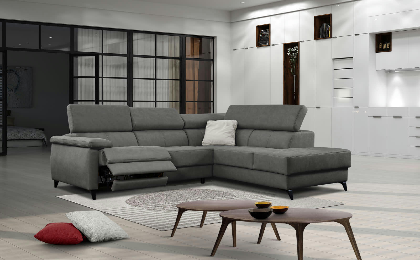 TAUNUS - Le canapé d'angle droit 5 places gris foncé avec une relaxation