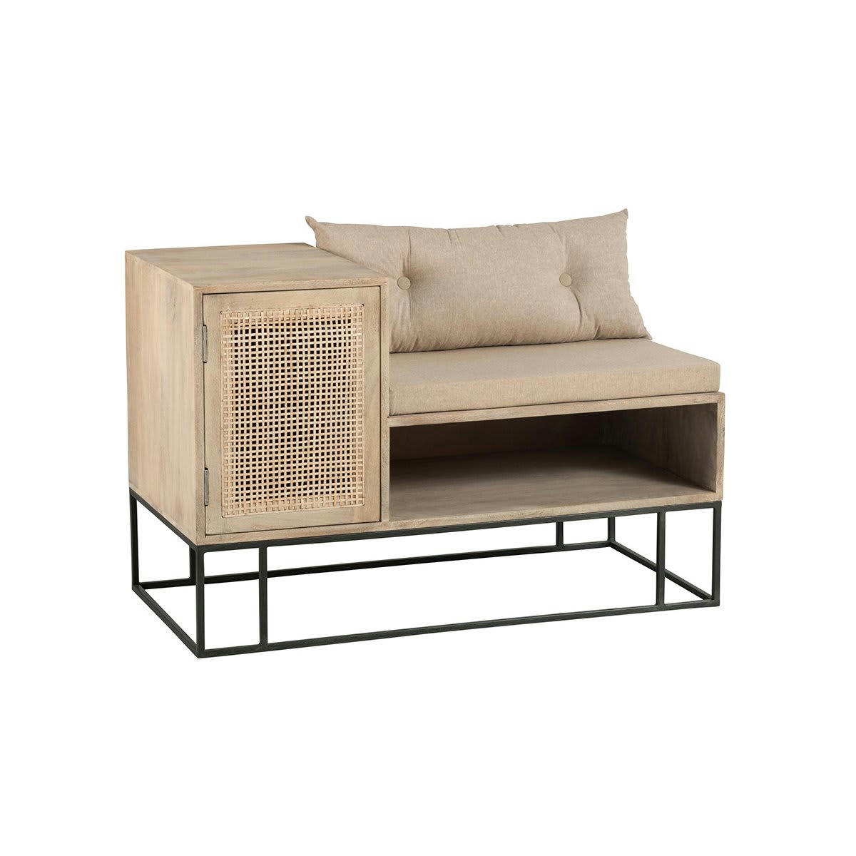 UKIALA - Petit banc design avec placard bois cannage et coussins beige