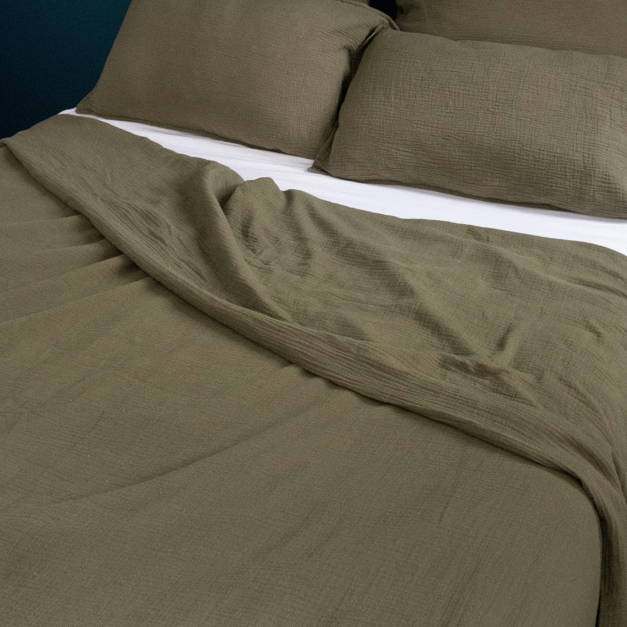 - Drap plat en double gaze de coton vert câpre