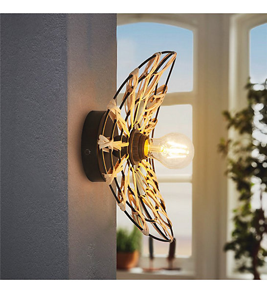 Applique murale ou plafond Flora métal noir rotin naturel compatible LED