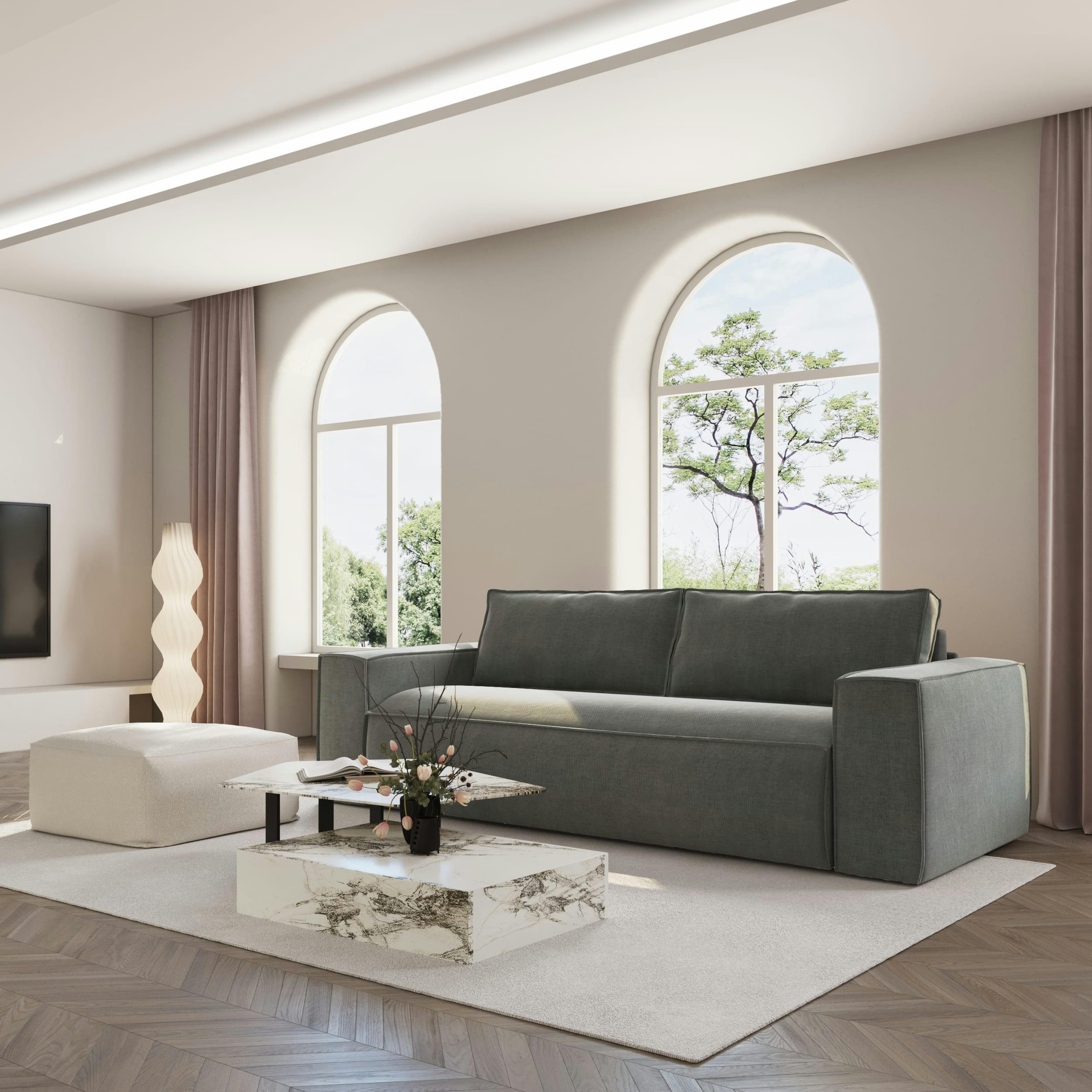 JOAN - Canapé convertible express dunlopillo velours gris graphite 160cm