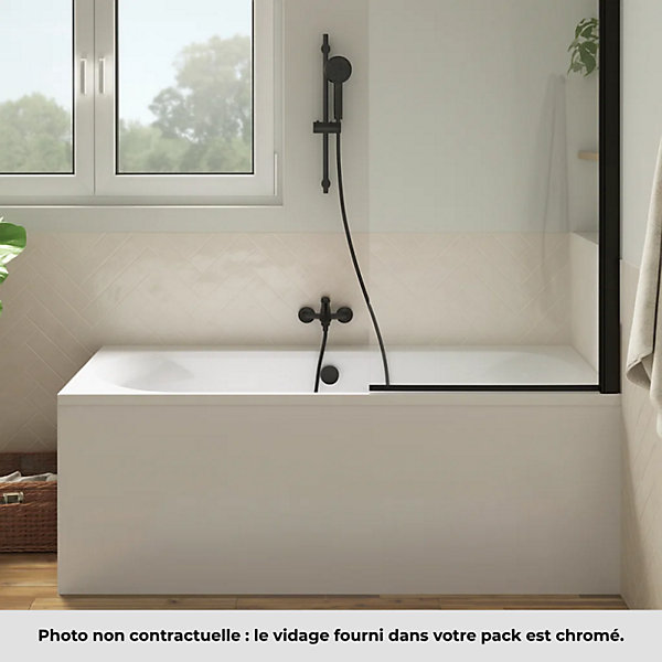 Pack baignoire droite 170 x 75 JACOB DELAFON Elise   tablier en niche   mitigeur bain douche mural Aimé noir   vidage noir