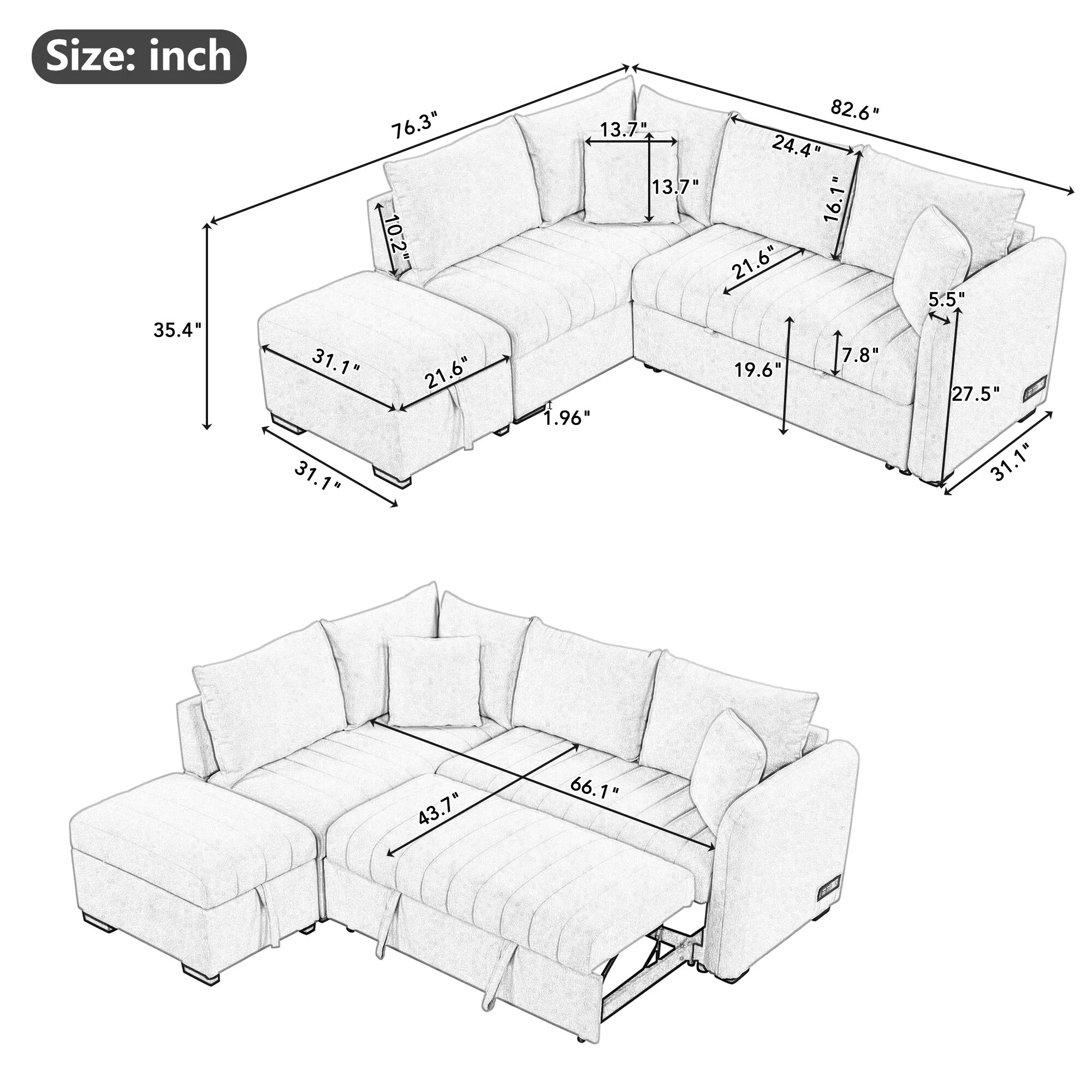 82.6 L-Shaped 5-Seat Sectional Sleeper Sofa with Pull-Out Bed, Storage Ottoman, USB Ports, and Power Outlets