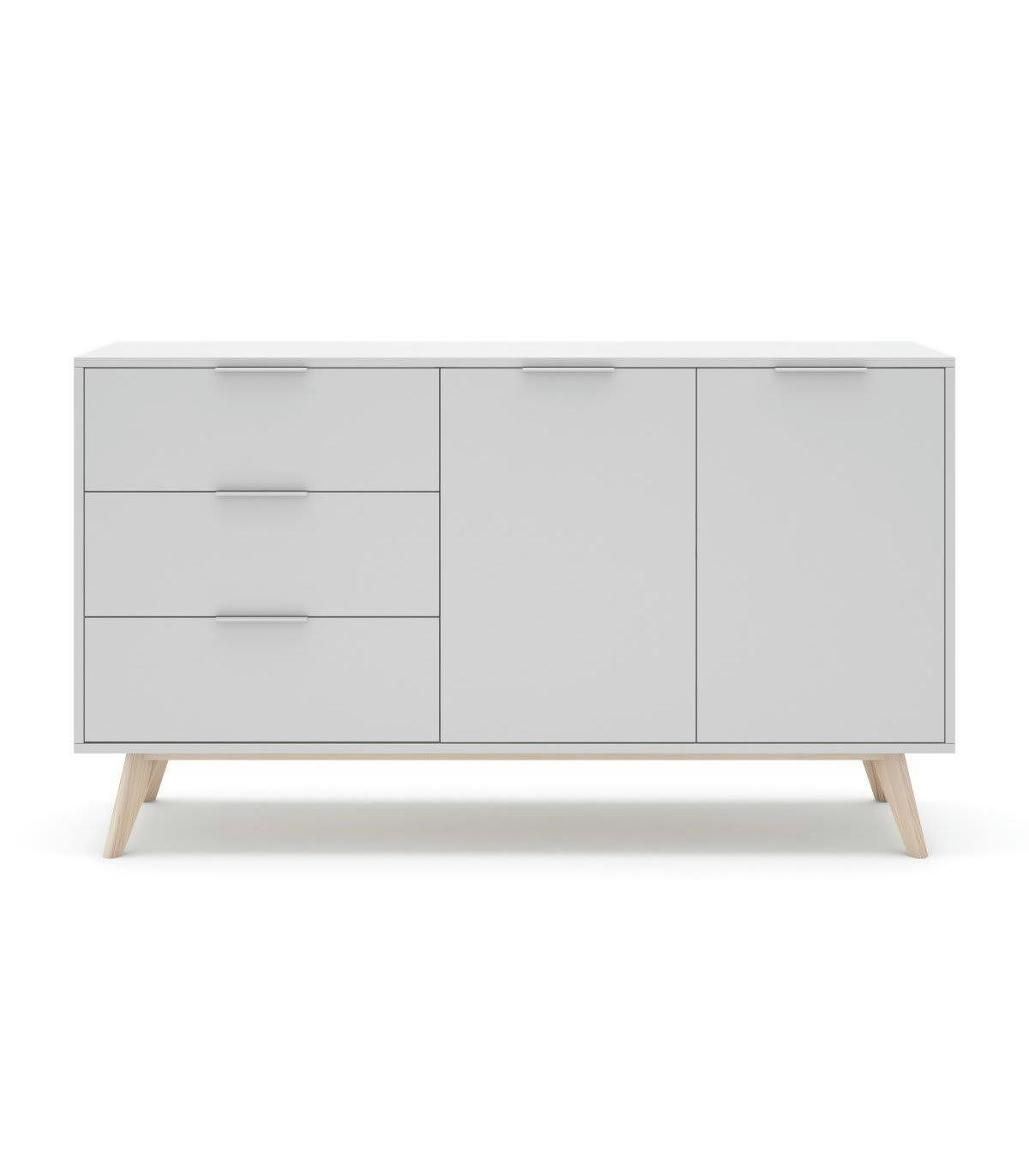 CAMPUS - Buffet 2 portes, 3 tiroirs blanc et pin massif - L140 cm