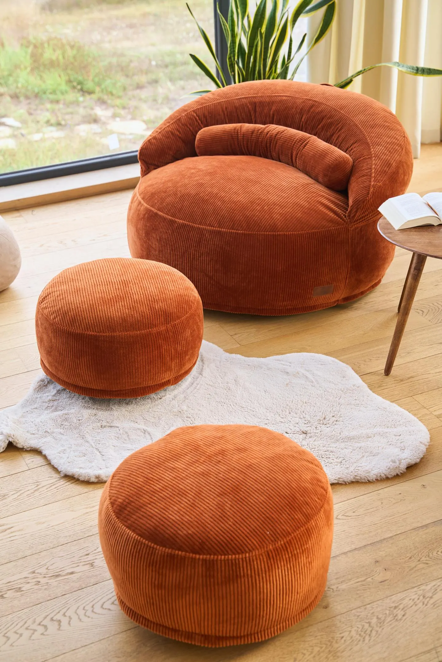 Corduroy Floor Lounge Chair Set with Ottoman, Adult Bean Bag Sofa, Frameless Gaming Seat