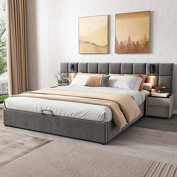 Lit 160x200 cm avec rangement hydraulique et tête de lit capitonnée en velours gris, cadre acier robuste