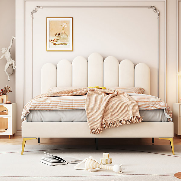 Lit Double 140x200 cm - Lit avec Tête de Lit et Sommier À Lattes, en Velours, Sans Matelas, Beige