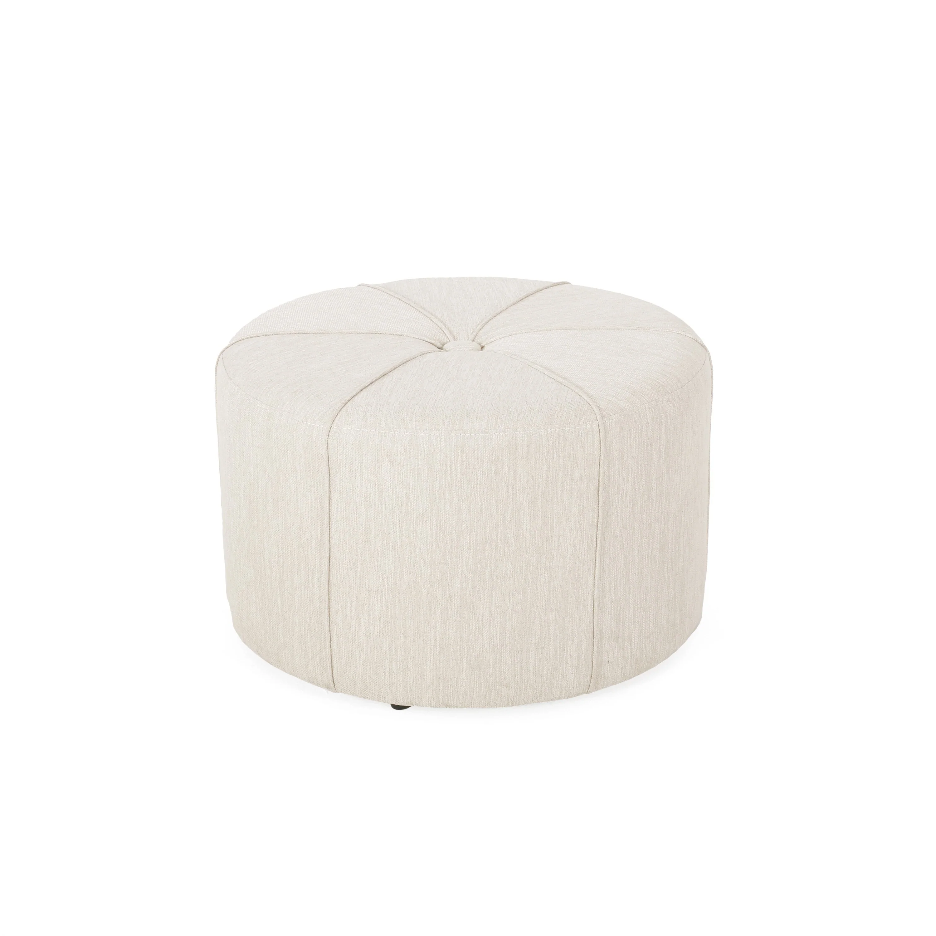 Ottoman, Button Tufted Beige Fabric, Plush Round Shape 28 Inch