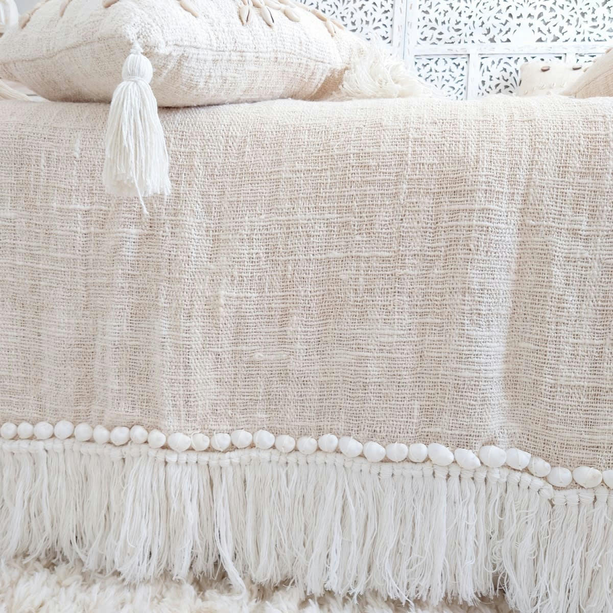 AUSSA - Plaid en coton avec frange et coquillages, blanc 140x200 cm
