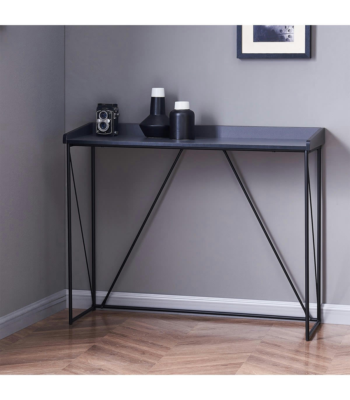 WALTER - Console Structure Noir avec Plateau Gris - L100 cm