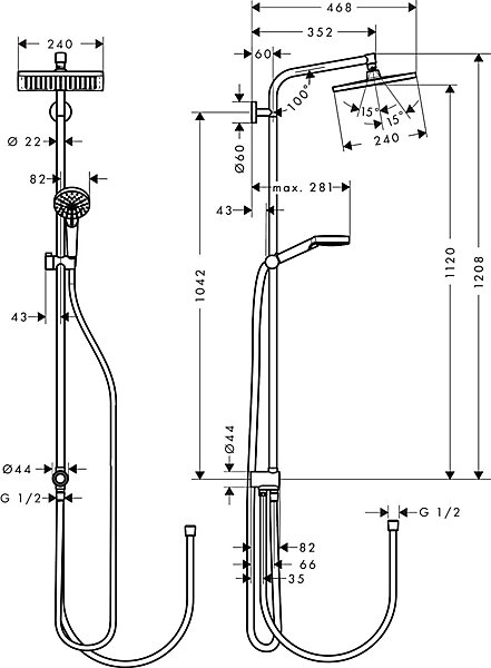 Colonne de douche sans robinetterie avec pommeau   douchette 1 jet   flexible   barre de douche, chrome, Hansgrohe Crometta E