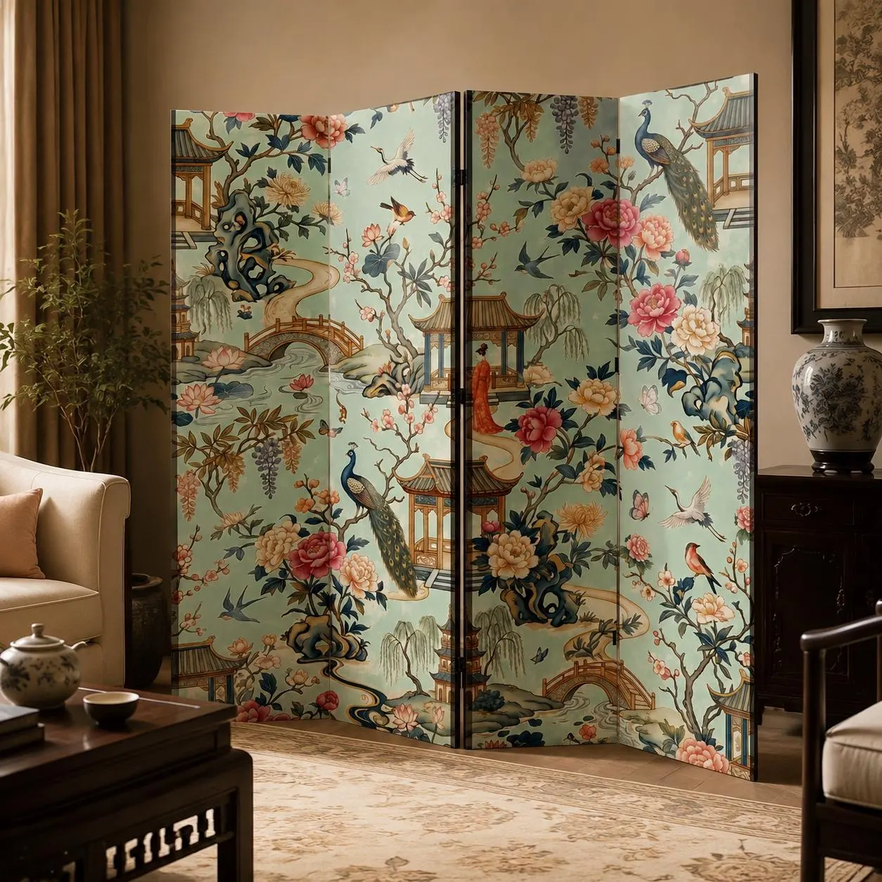 Room Divider Folding Screen Jade Chinoiserie Landscape With Pagodas and Peacocks, Asian Botanical Privacy Screen