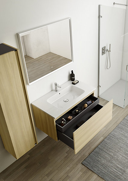 Meuble vasque suspendu effet chêne l.90 cm   plan vasque blanc céramique, Pura