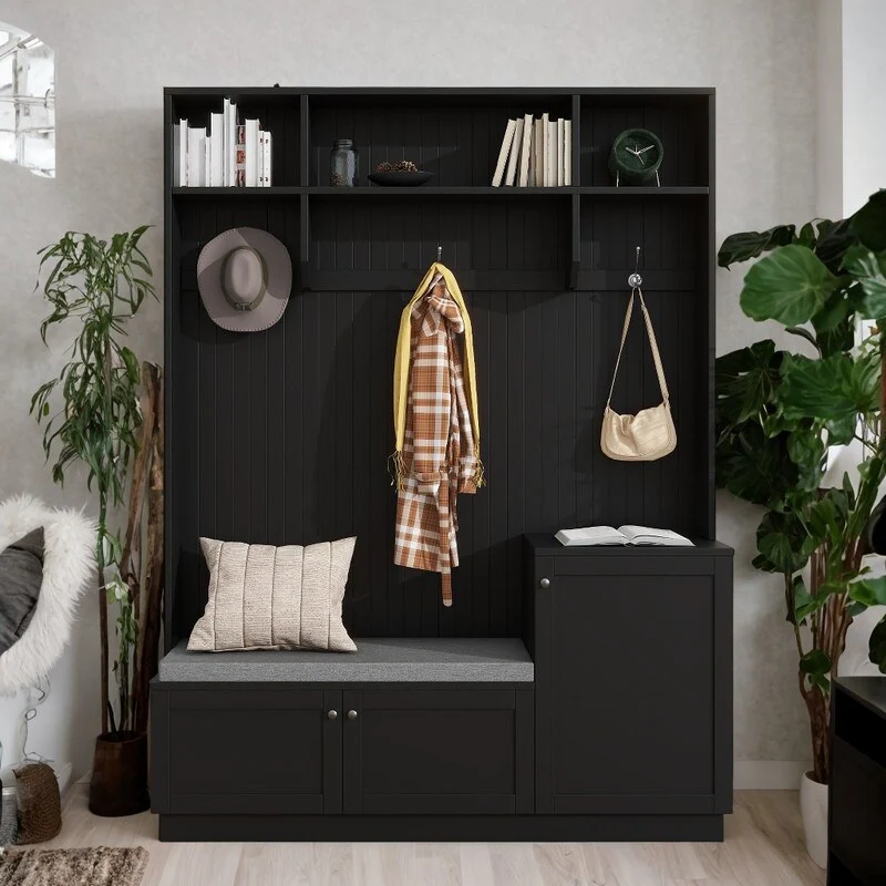 Modern Hall Tree with Storage Solutions, Black