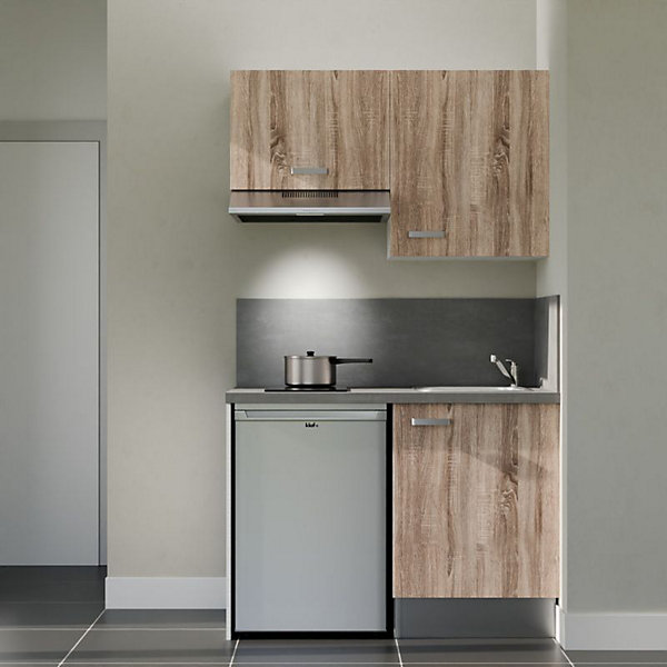 Kitchenette K01 façades Bois - Plan de travail Gris béton - Crédences : Oui - Evier inox - Electroménager Inox inclus