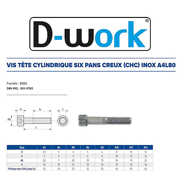 100 Vis Métaux Tête Cylindrique 6 Pans Creux CHC 6 x 20 mm - DIN 912 - Inox A4L80 - D-Work