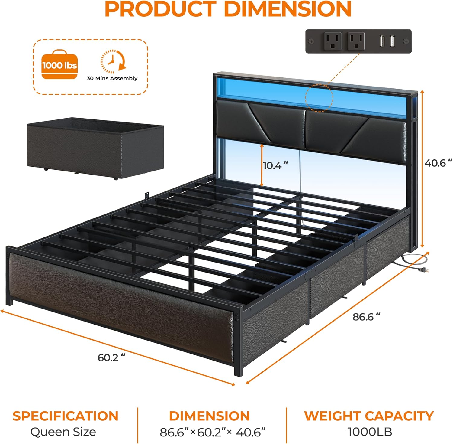 Queen Bed Frame, 2-Tier Storage Headboard & 6 Fabric Drawers, PU Leather Upholstered Queen Size Platform Bed with Charging Station and LED Lights, No Box Spring Needed, Noise Free