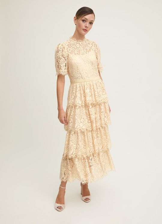 Cecily Champagne & Gold Lace Tiered Maxi Dress