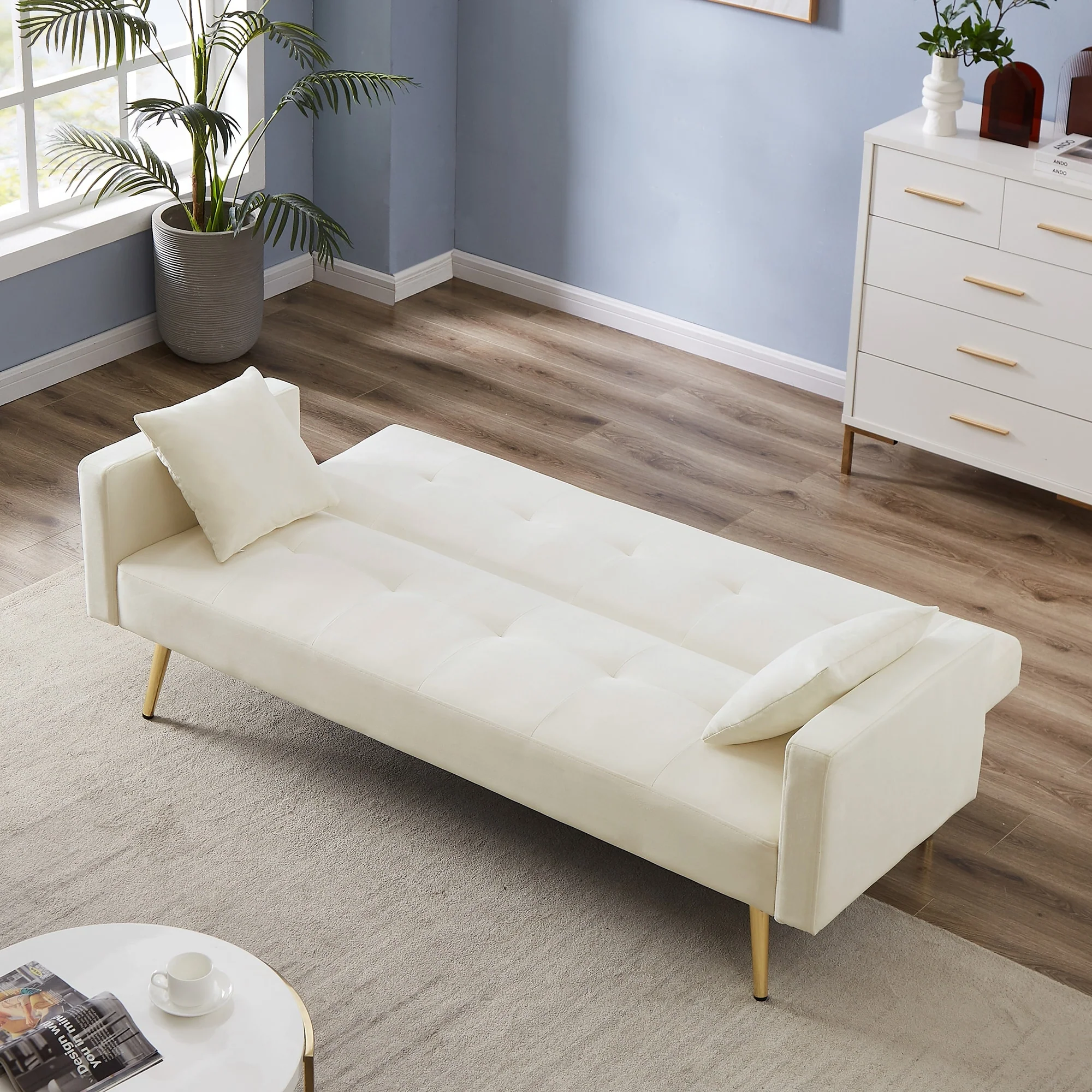 Cream White Velvet Convertible Folding Futon Sofa Bed - 31.80 x 73.20 x 30.30