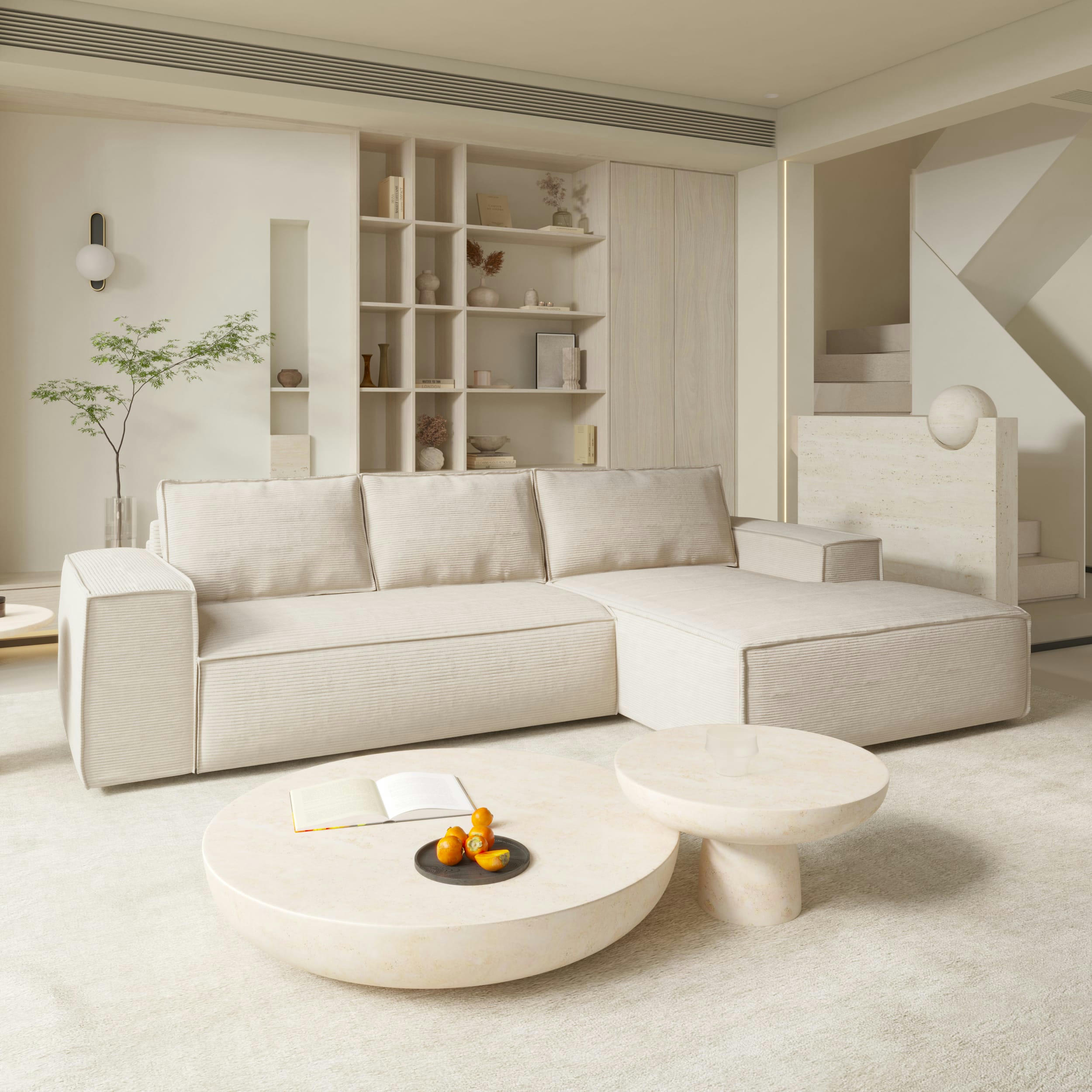 JOAN - Canapé convertible angle droit dunlopillo velours côtelé crème 140cm