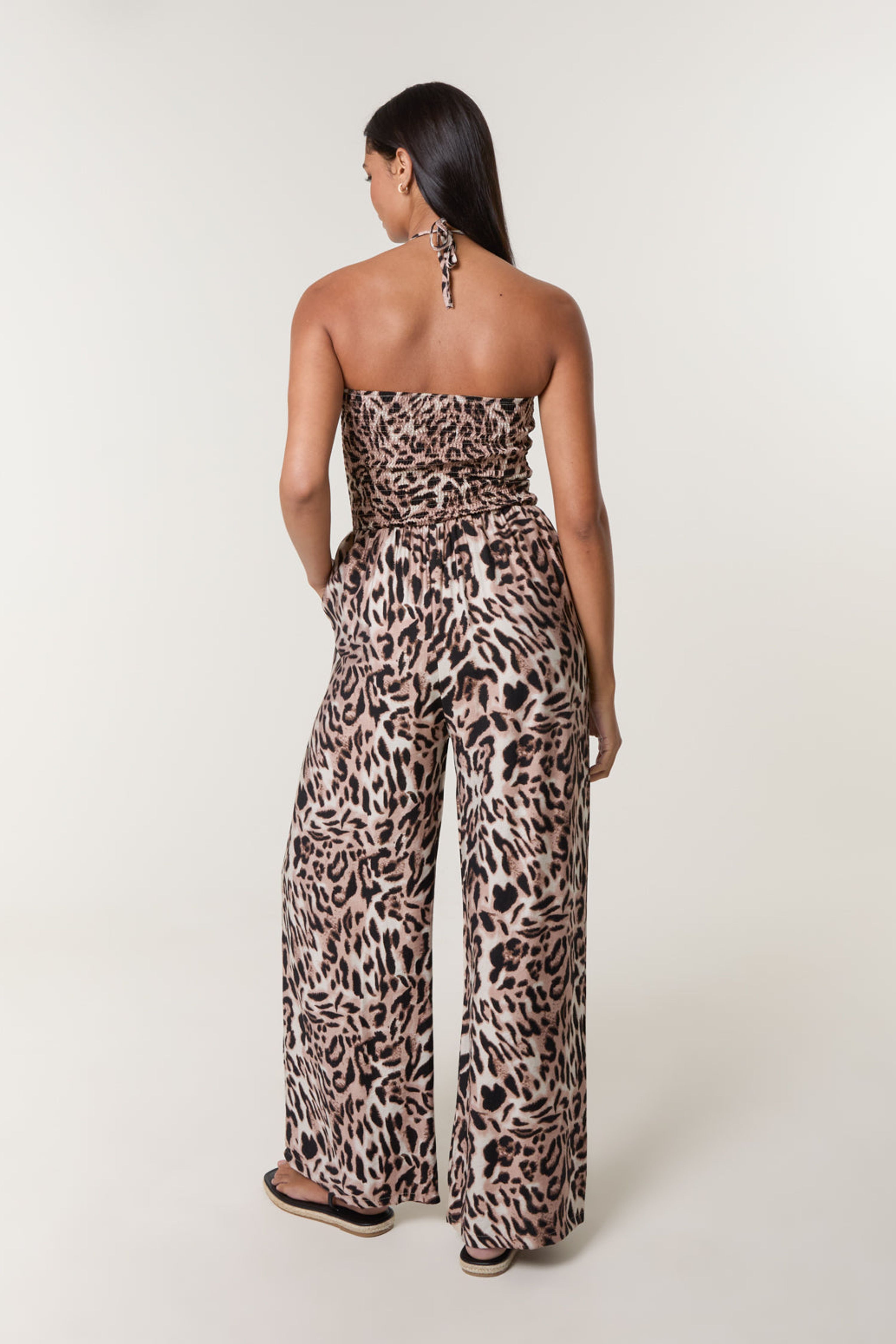 Blue Vanilla Brown Leopard Print Shirred Waist Jumpsuit