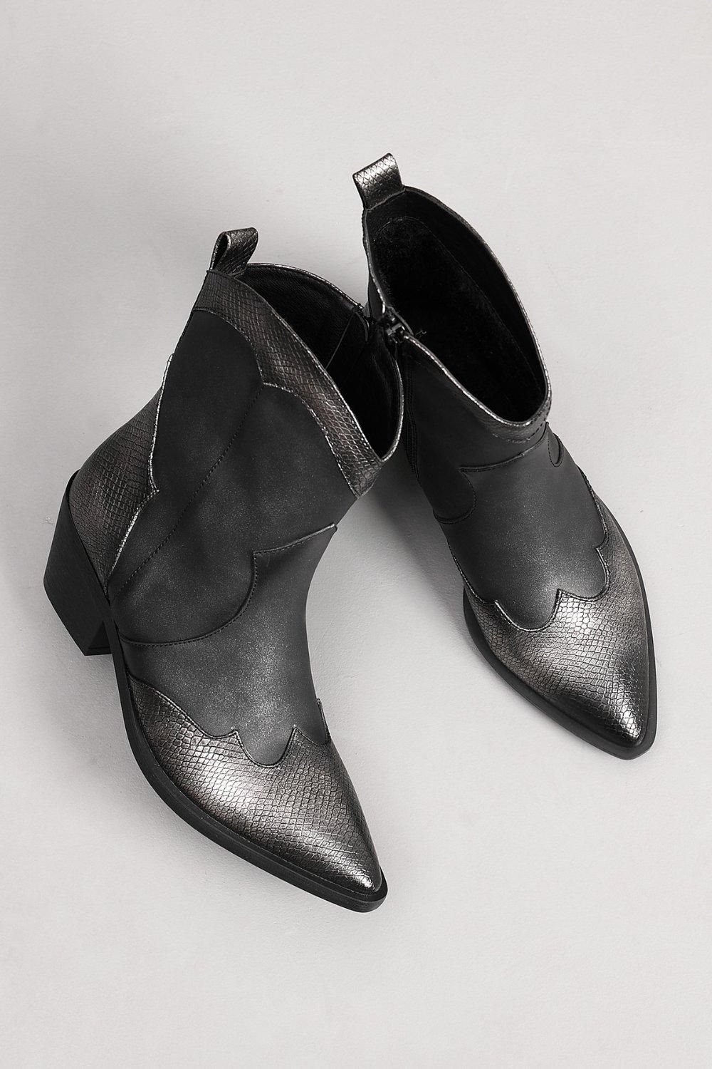 IVACHY Cowboy Western Vintage Style Metalic Bronze Shinny Ankle Boots with Pointed Toe and Block Heel
