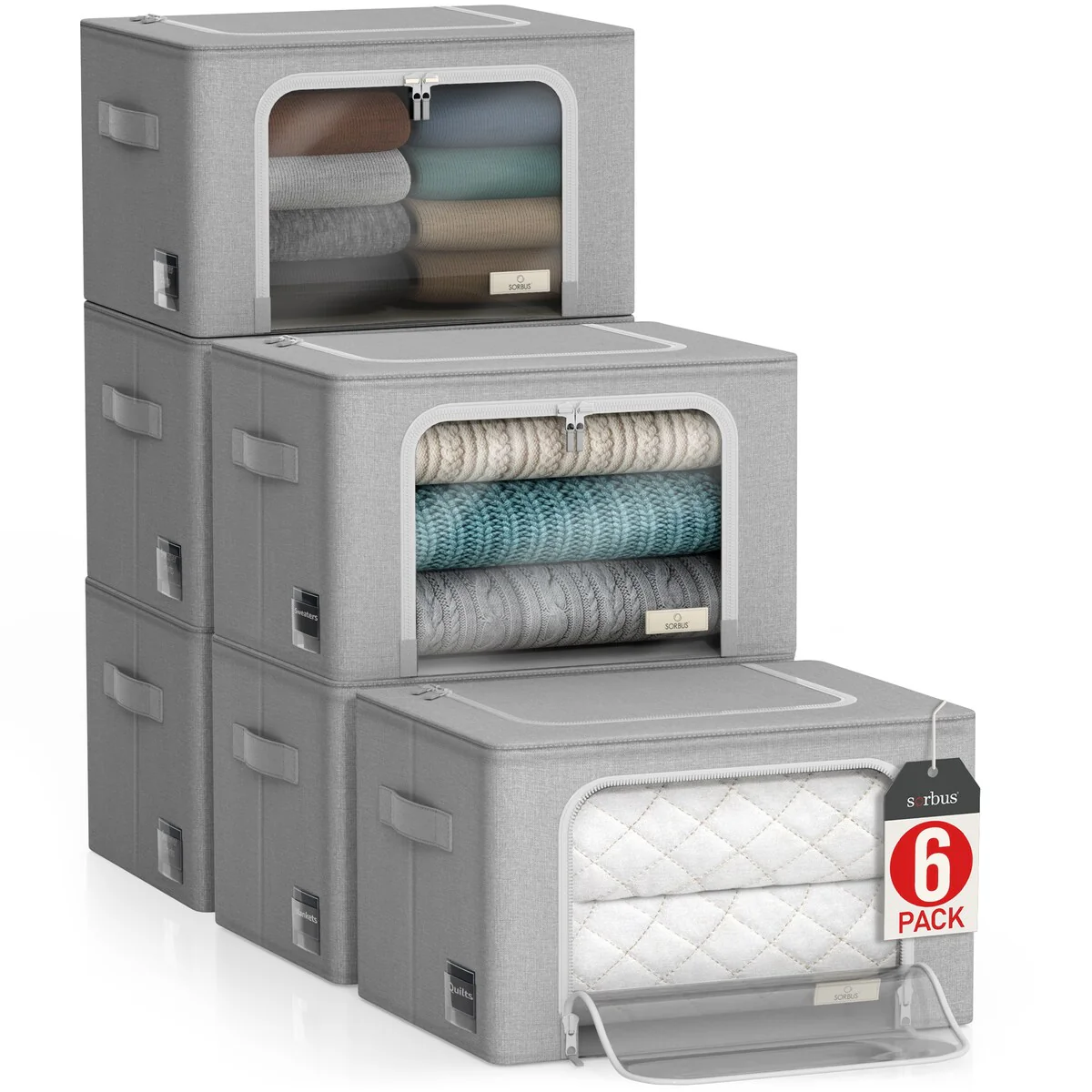 Sorbus Storage Bins and Organizer Set with Window & Handles 6 Pack - 17 L x 13 W x 13 H