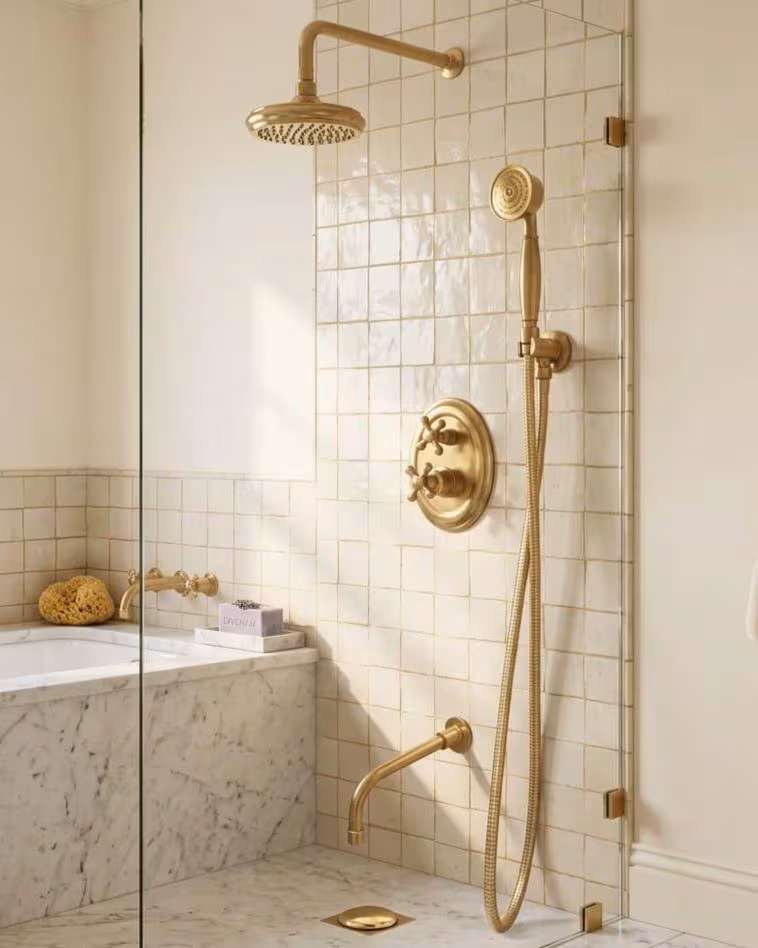Luxury Brass Shower System, Vintage Gold Rain Faucet, Wall Mount Bathroom Fixture