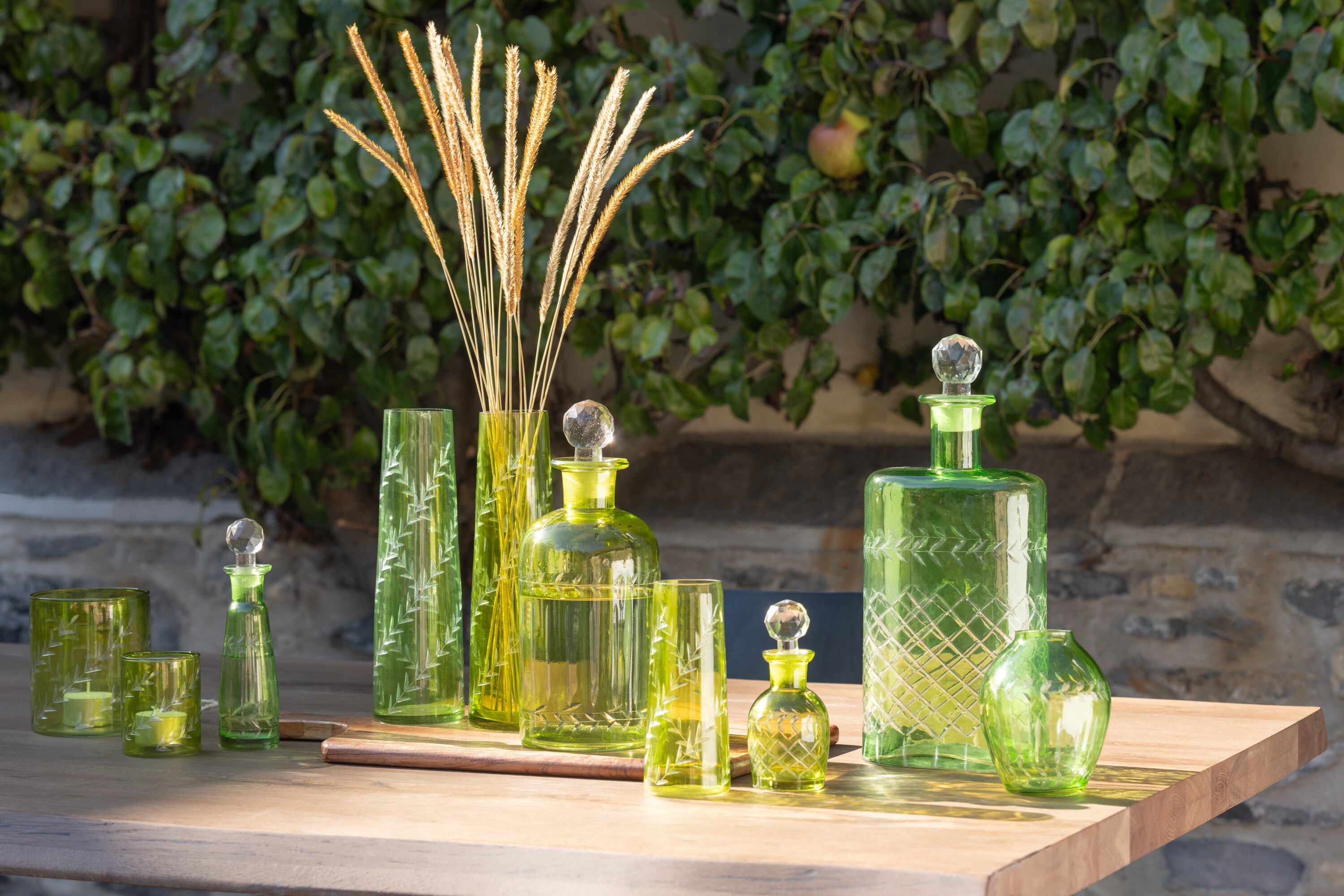 J-Line karaf Bladeren - glas - groen - small - 2 stuks