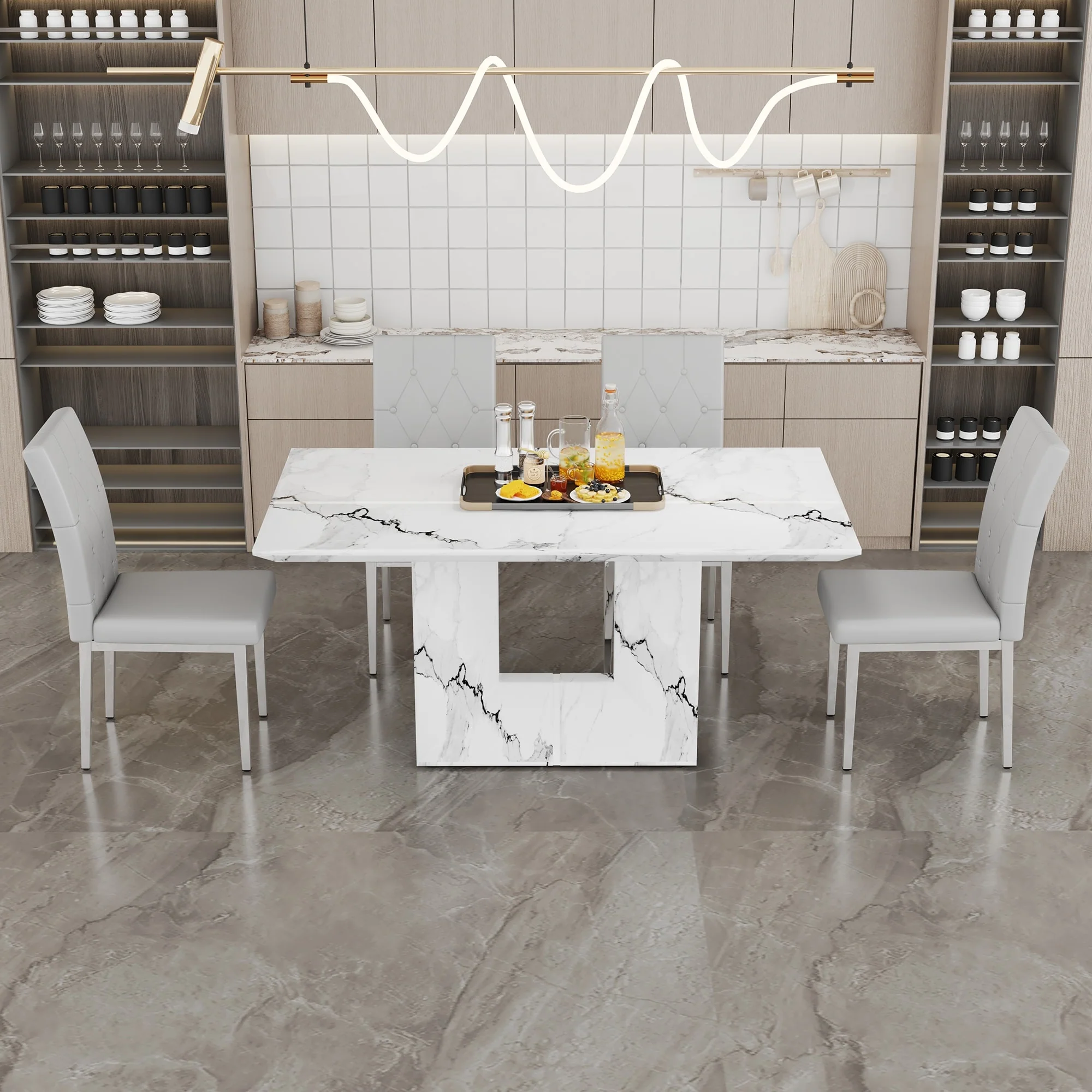 Modern Marble Pattern Dining Table Set with U-Shaped Base and Buttons Tufted PU Upholstered Chairs