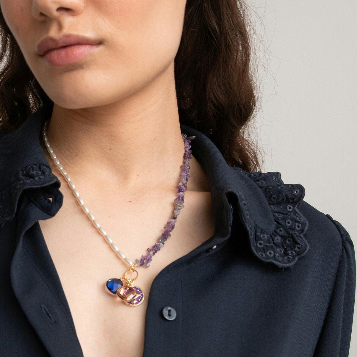 Collier améthystes et perles d'imitation