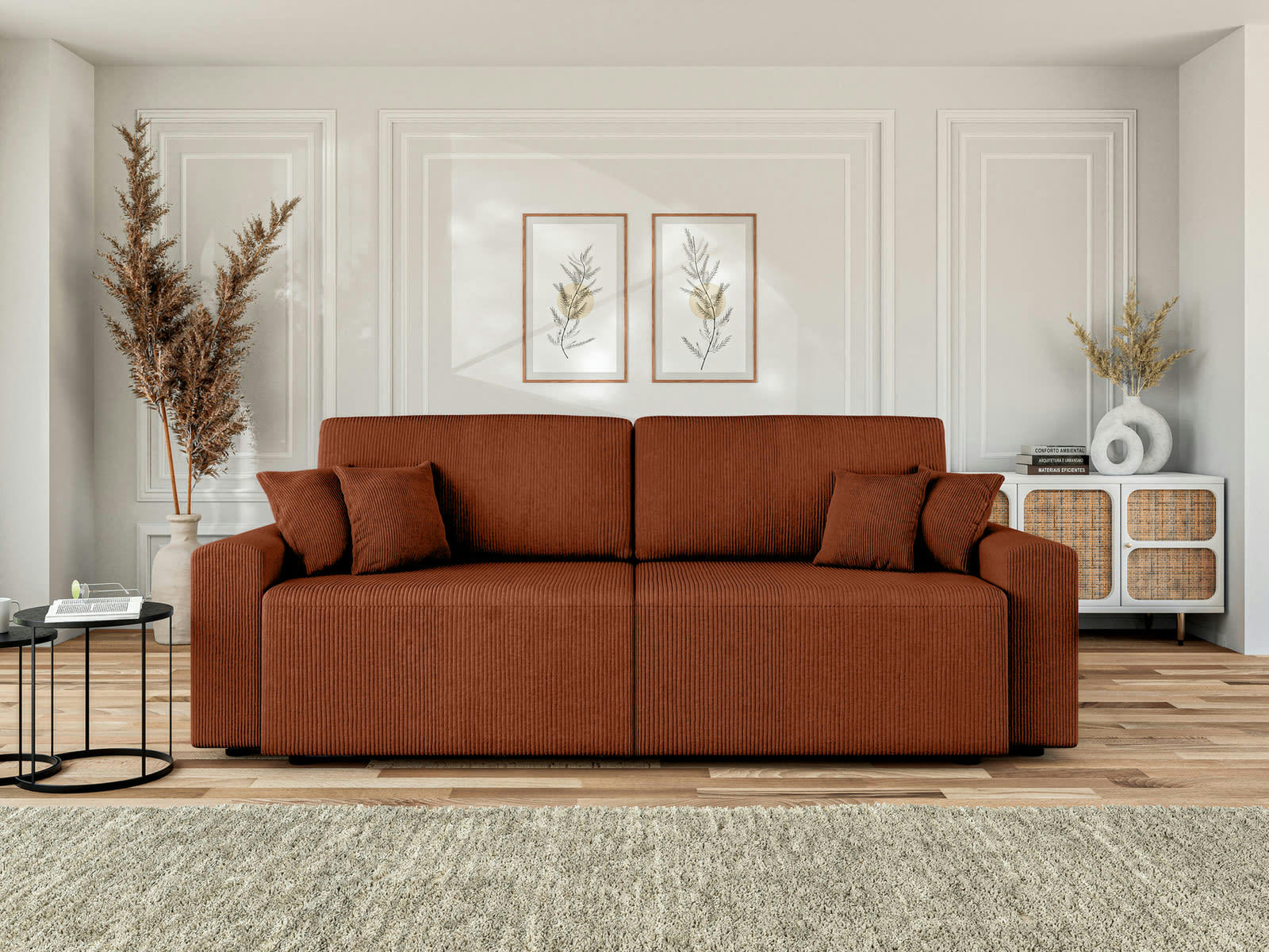 MILO - Canapé droit convertible en velours côtelé 3 places terracotta