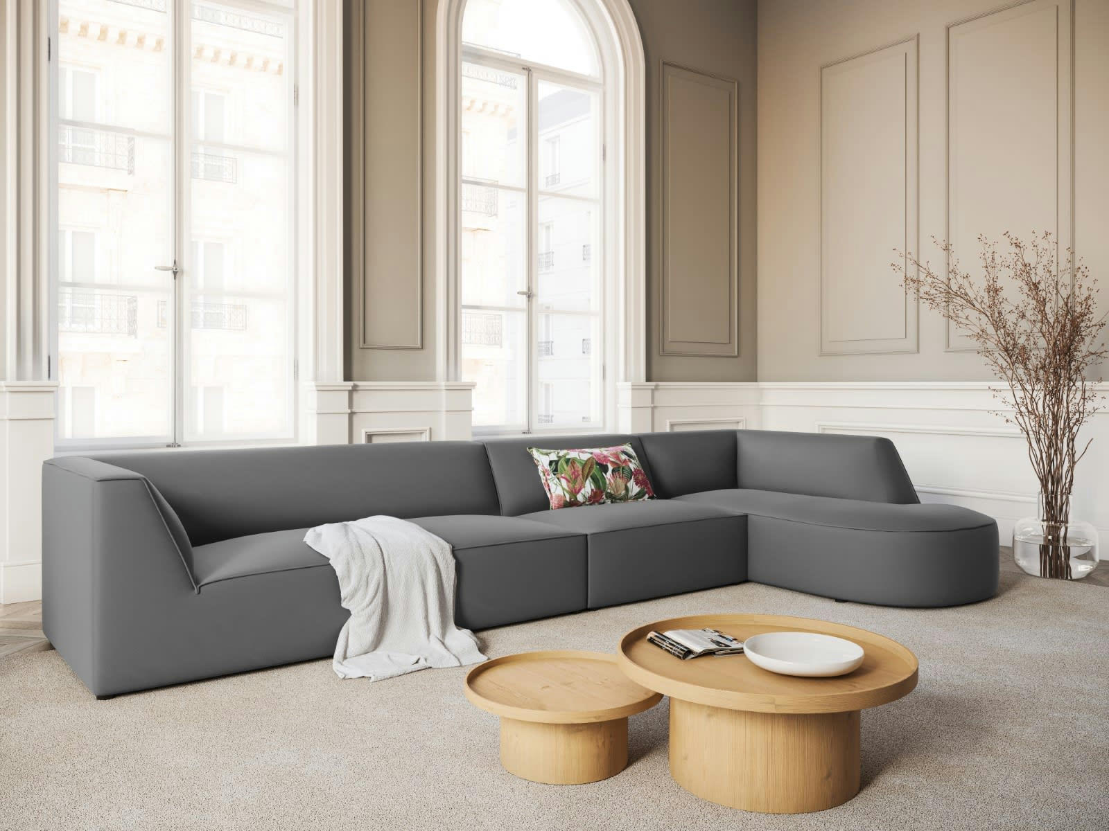 CHARLES - Canapé D'Angle Droit 5 places en Velours Gris Foncé