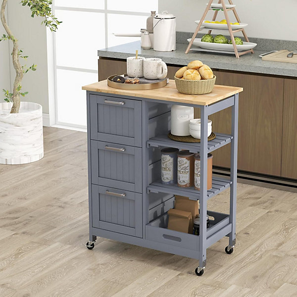 Desserte à roulettes Cuisine en Bois avec 3 Tiroirs, 3 étagères, Plateau, Roues(2 avec Freins), 67 x 37 x 83,5 CM (Gris)