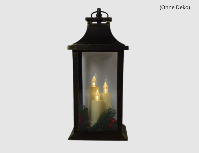 LED-Laterne mit 3 Kerzen und Dekoration Schwarz