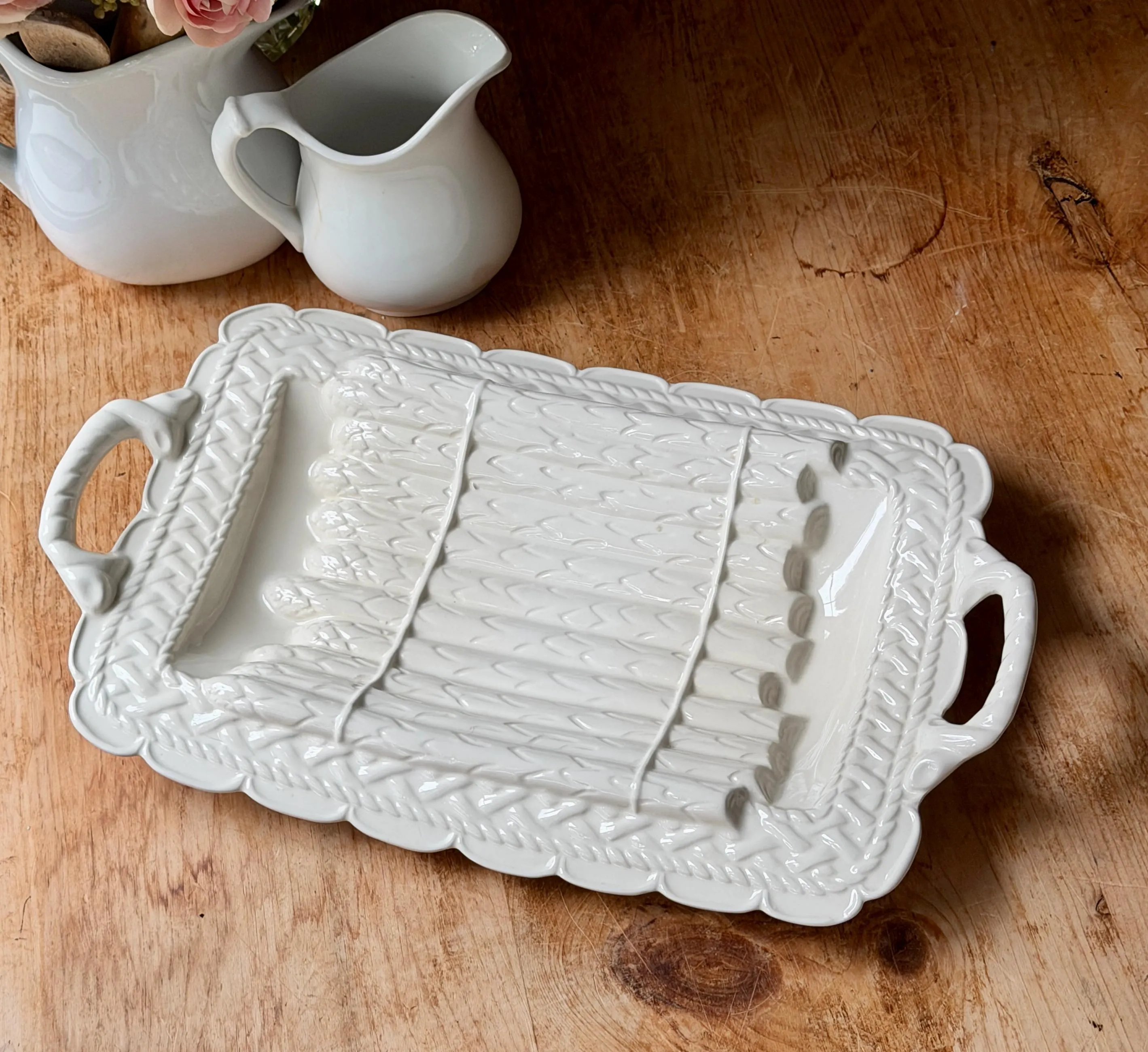 Vintage Majolica White Asparagus Plate Serving Platter Tray With Handles