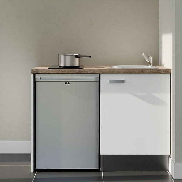 Kitchenette K08 façades Blanc - Plan de travail Bois - Crédences : Non - Evier inox - Electroménager Inox inclus