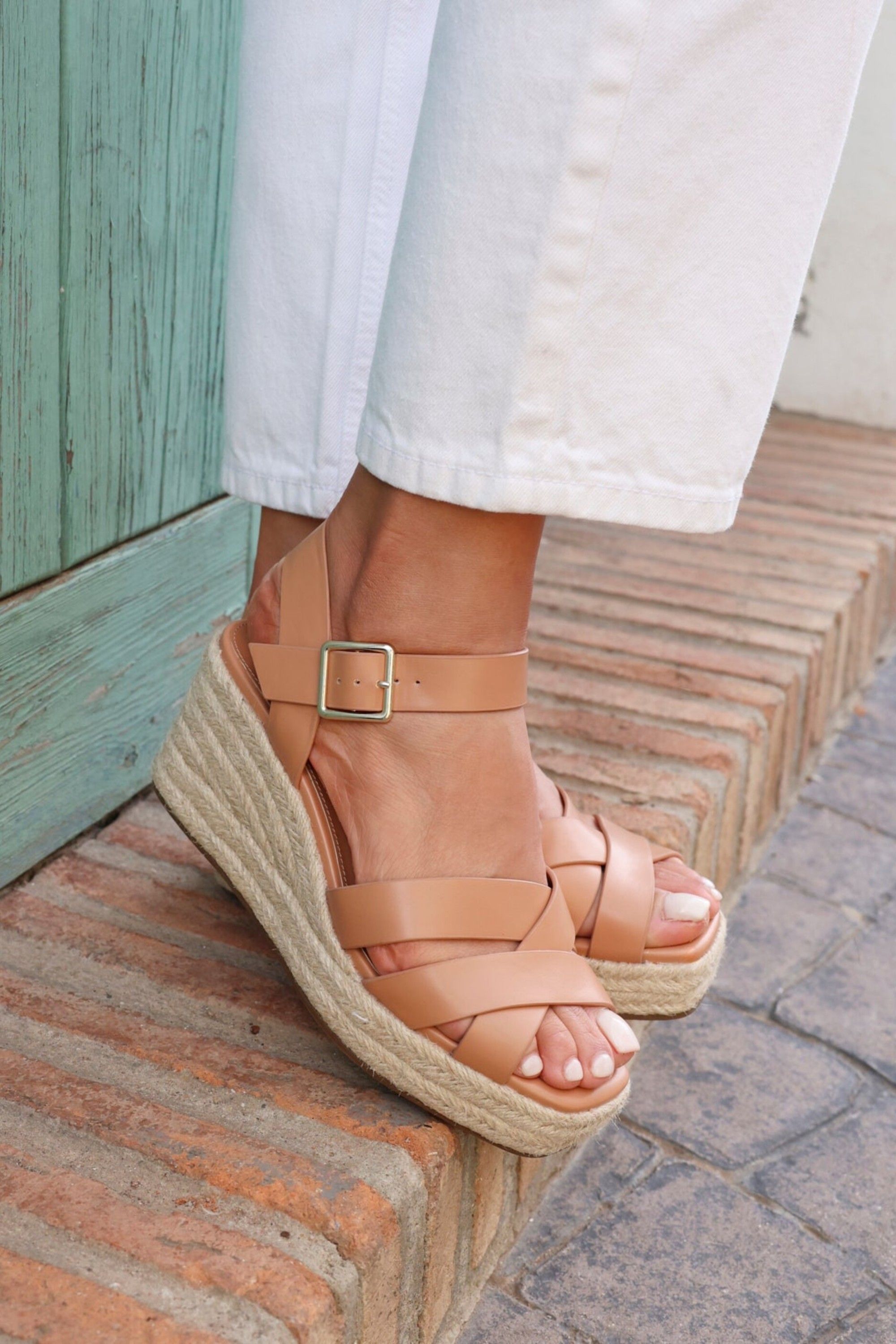 Linzi Sheena Tan Crossover Espadrille Wedges