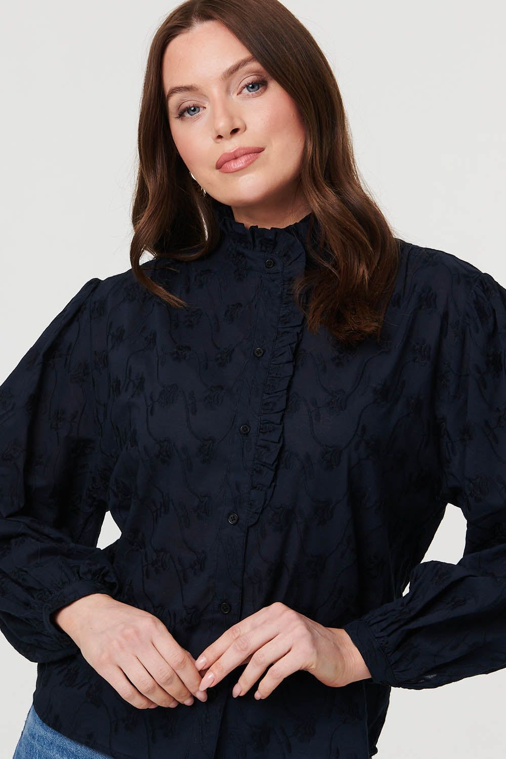 Izabel London Embroidered Texture Long Sleeve Blouse