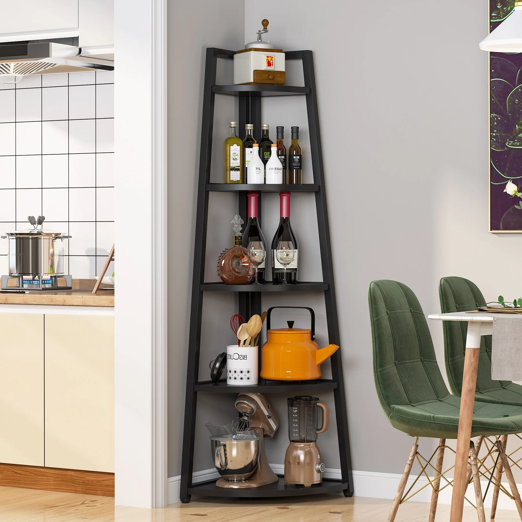 Brown/ Black Corner Ladder Shelf,5 Tier Corner Bookshelf Bookcase, White/ Gold 70 Inch Tall Display Rack for Small Space