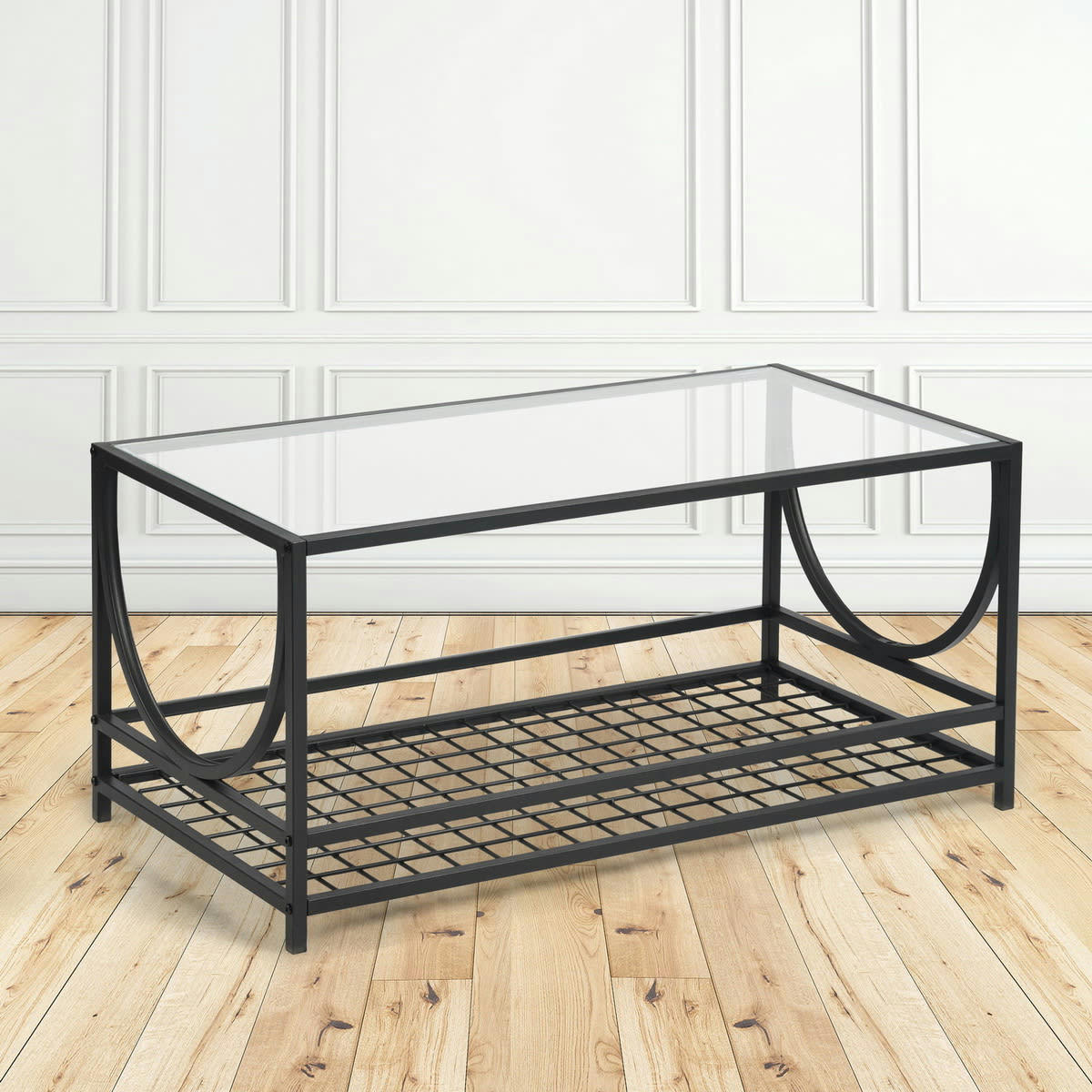 - Table basse salon en verre et en métal noir