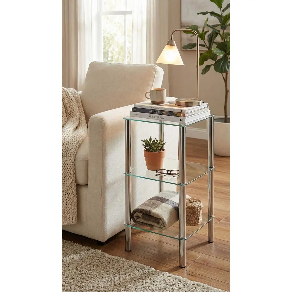 Vierkante bijzettafel Bas - 39x39x75 cm - Chroomstaal/veiligheidsglas