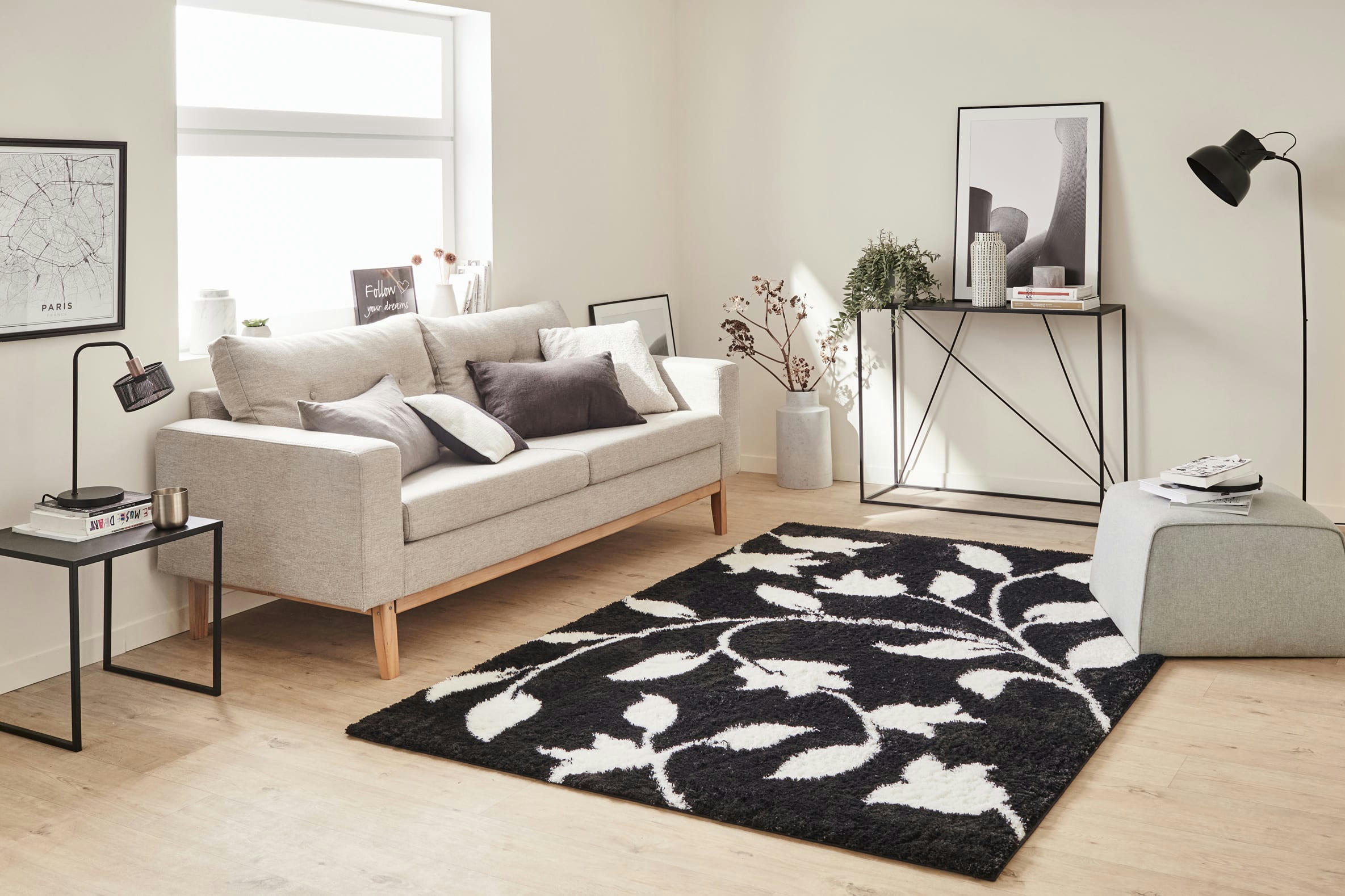 OSLO - Tapis shaggy motif fleur noir - 200x290 cm