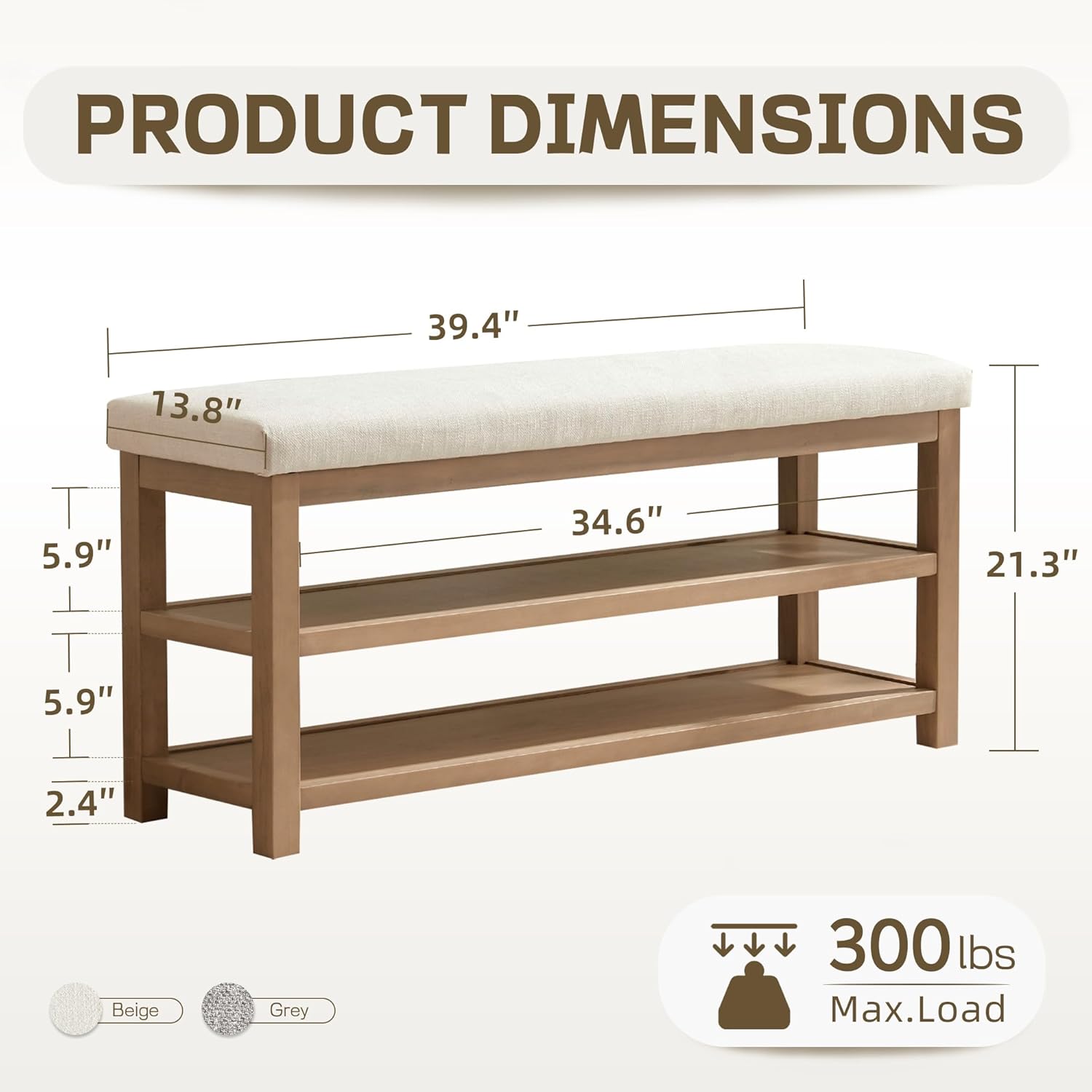 2 Tier Shoe Rack Bench with Cushion, Solid Wood Shoe Benches, Mid-Century Modern Shoe Storage Bench for Entryway, Hallway, Living Room, Closet, Front Door Entrance, (Beige, 39.4)