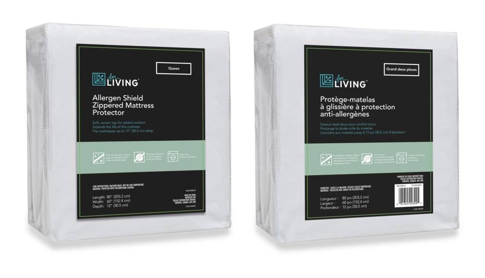 For Living Allergen Shield Waterproof Zippered Mattress Protector, Queen, White